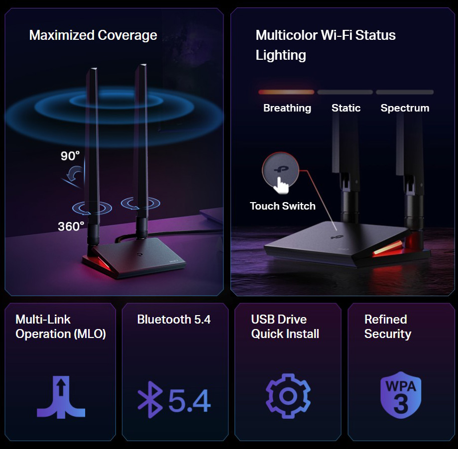TP-Link WiFi 7 BE9300 PCIe WiFi Card for Desktop PC(Archer TBE550E